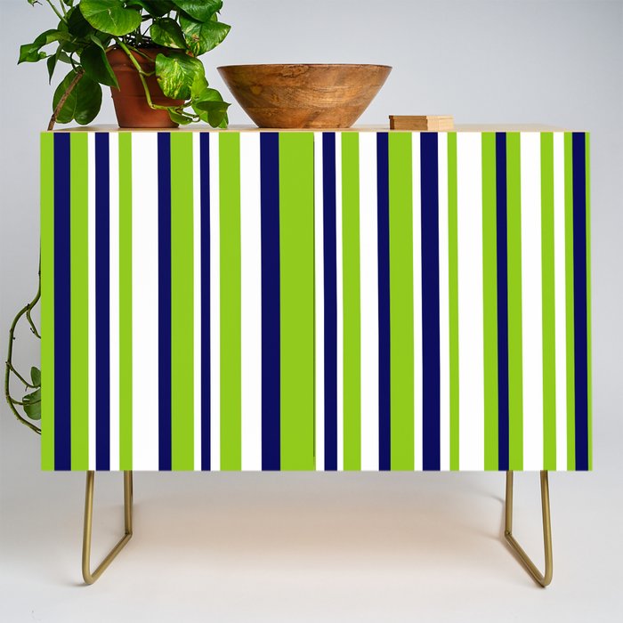 Lime Green Bright Navy Blue and White Vertical Stripes Pattern Credenza Gallery Image 1