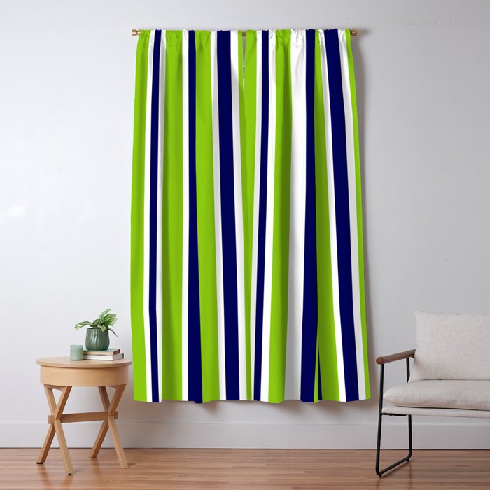 Lime Green Bright Navy Blue and White Vertical Stripes Pattern Window Curtain Gallery Image 5