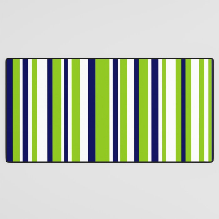 Lime Green Bright Navy Blue and White Vertical Stripes Pattern Desk Mat Gallery Image 3