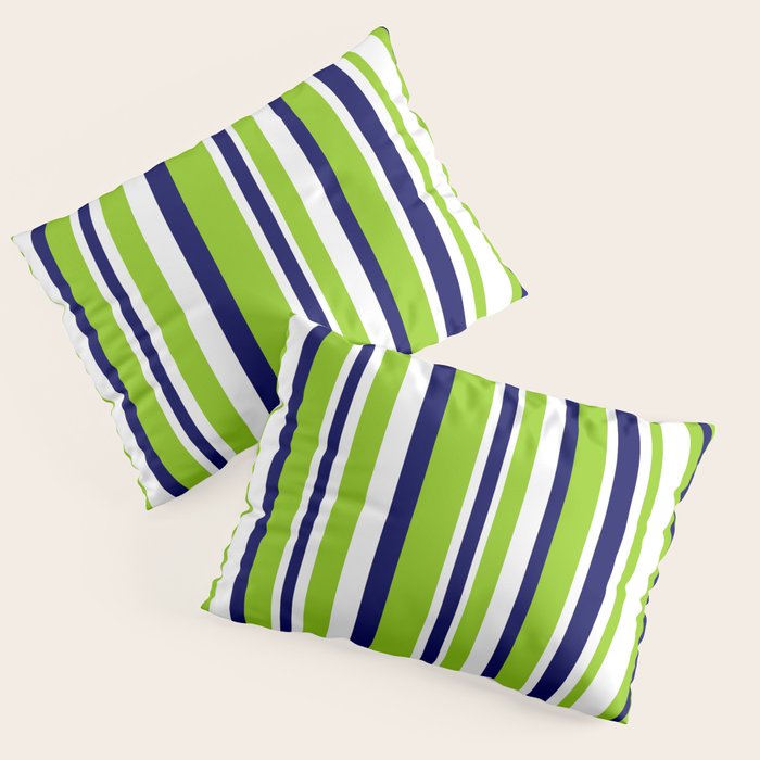 Lime Green Bright Navy Blue and White Vertical Stripes Pattern Pillow Sham Gallery Image 1
