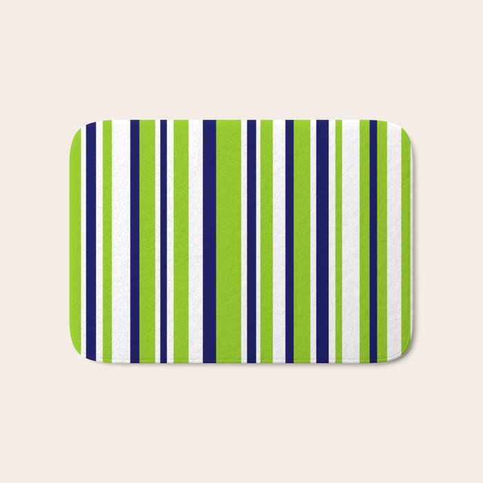 Lime Green Bright Navy Blue and White Vertical Stripes Pattern Bath Mat Gallery Image 1