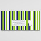 Lime Green Bright Navy Blue and White Vertical Stripes Pattern Desk Mat Gallery Image 1