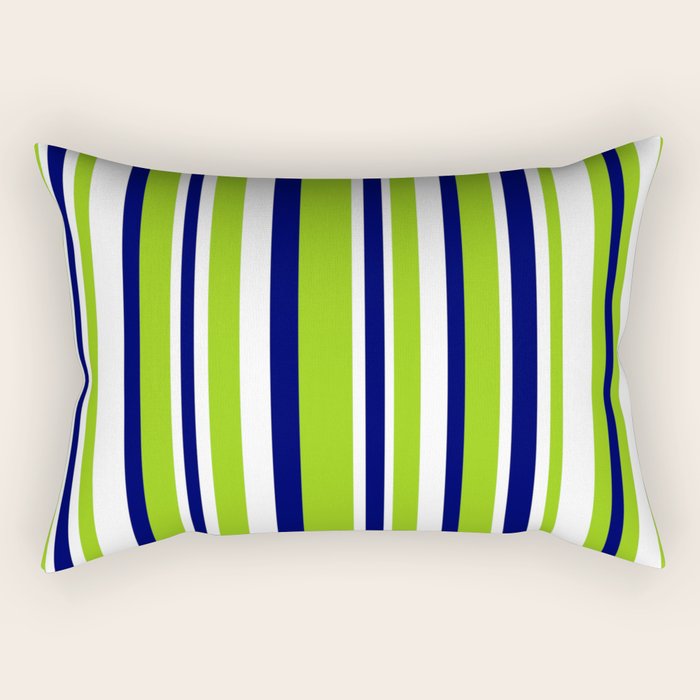 Lime Green Bright Navy Blue and White Vertical Stripes Pattern Rectangular Pillow Gallery Image 2