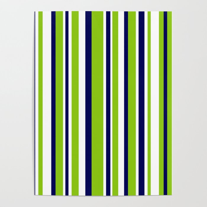 Lime Green Bright Navy Blue and White Vertical Stripes Pattern Poster Gallery Image 1