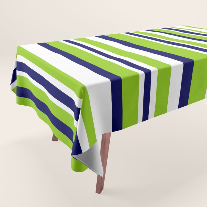Lime Green Bright Navy Blue and White Vertical Stripes Pattern Tablecloth Gallery Image 1