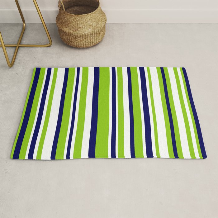 Lime Green Bright Navy Blue and White Vertical Stripes Pattern Rug Gallery Image 1