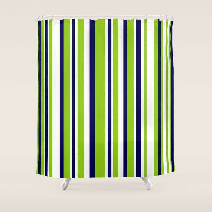 Lime Green Bright Navy Blue and White Vertical Stripes Pattern Shower Curtain Gallery Image 1