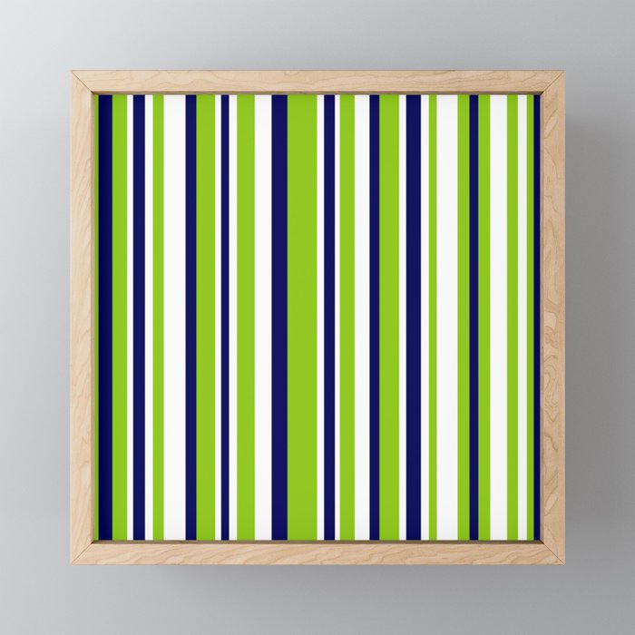 Lime Green Bright Navy Blue and White Vertical Stripes Pattern Mini Art Print Gallery Image 1
