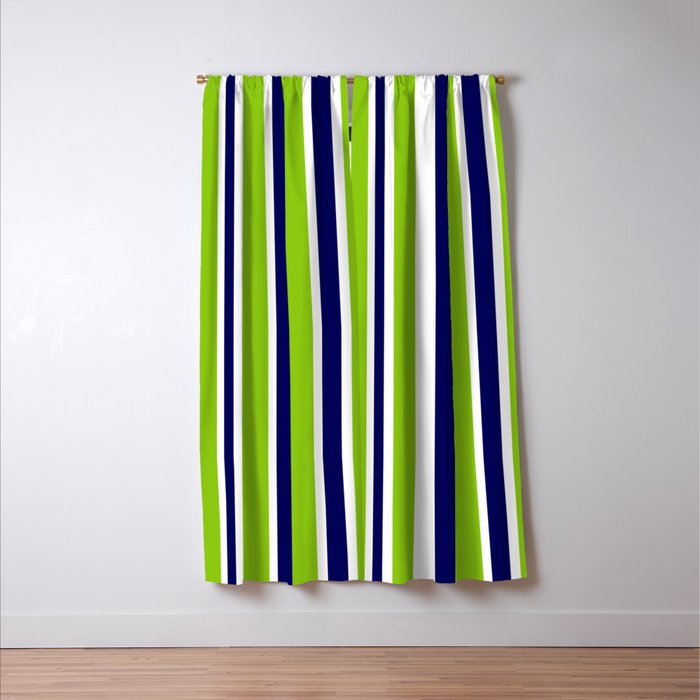 Lime Green Bright Navy Blue and White Vertical Stripes Pattern Window Curtain Gallery Image 3