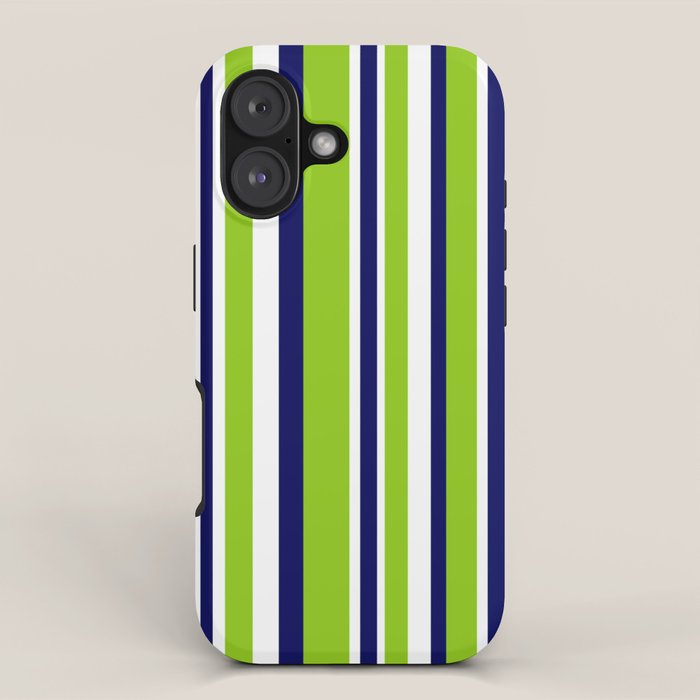 Lime Green Bright Navy Blue and White Vertical Stripes Pattern iPhone Case Gallery Image 1