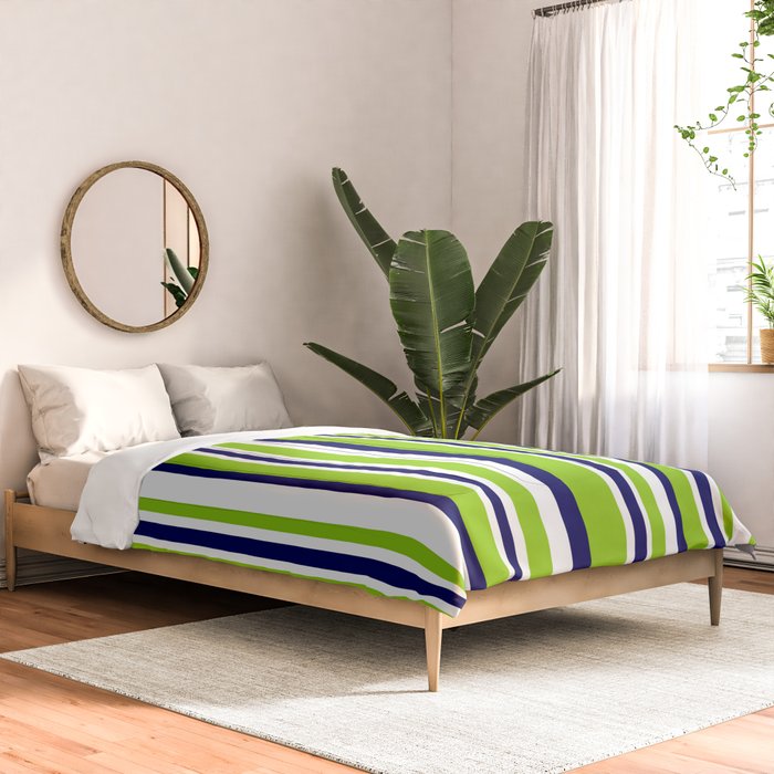 Lime Green Bright Navy Blue and White Vertical Stripes Pattern Comforter Gallery Image 2