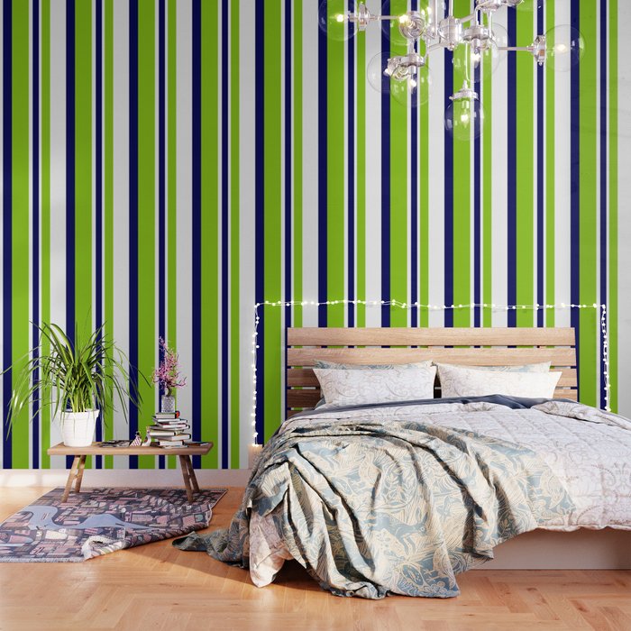 Lime Green Bright Navy Blue and White Vertical Stripes Pattern Wallpaper Gallery Image 1