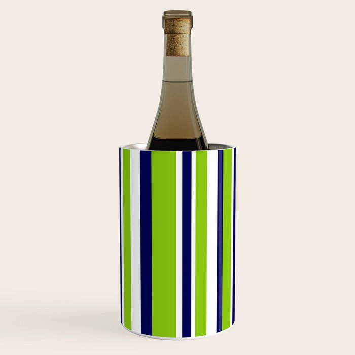 Lime Green Bright Navy Blue and White Vertical Stripes Pattern Wine Chiller Gallery Image 1