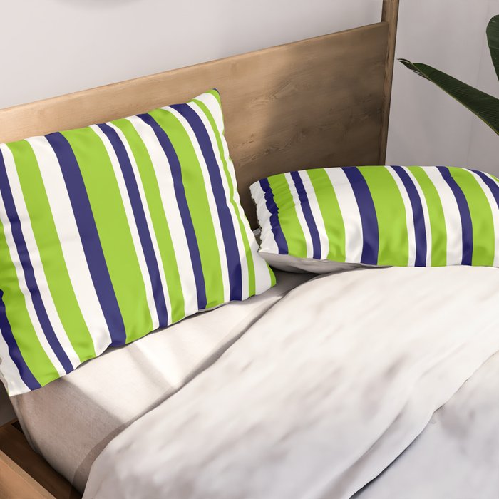 Lime Green Bright Navy Blue and White Vertical Stripes Pattern Pillow Sham Gallery Image 2