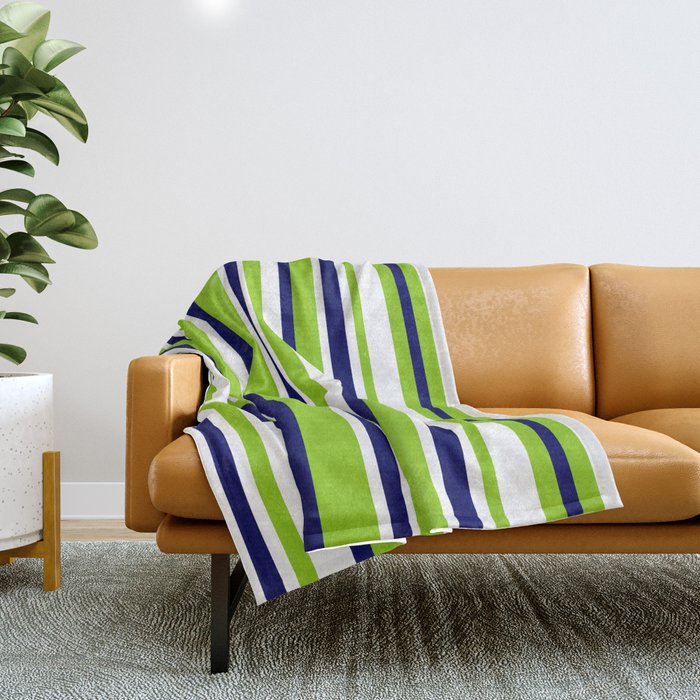 Lime Green Bright Navy Blue and White Vertical Stripes Pattern Throw Blanket Gallery Image 1
