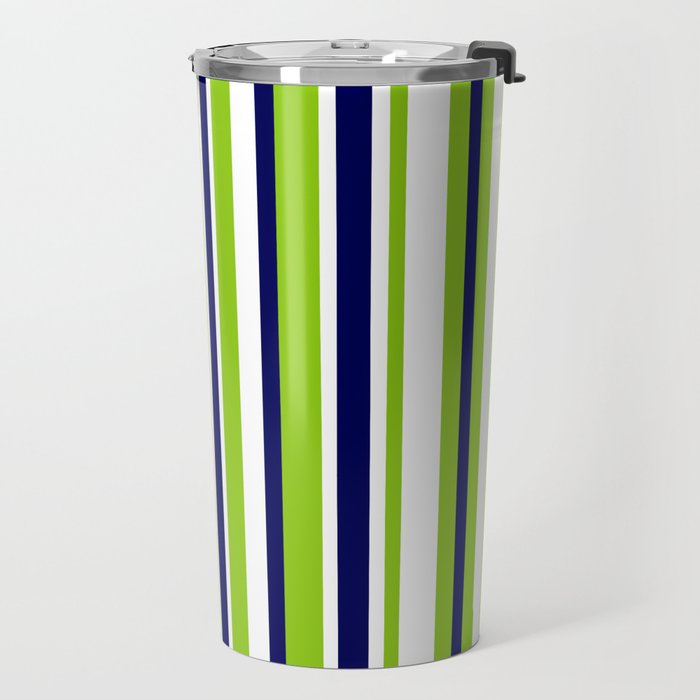 Lime Green Bright Navy Blue and White Vertical Stripes Pattern Travel Mug Gallery Image 2