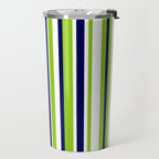 Lime Green Bright Navy Blue and White Vertical Stripes Pattern Travel Mug Gallery Image 2