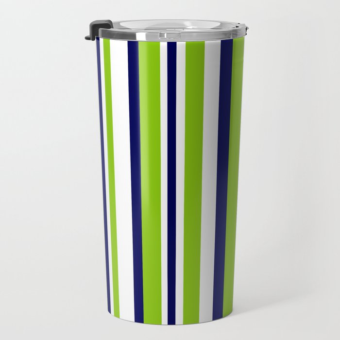 Lime Green Bright Navy Blue and White Vertical Stripes Pattern Travel Mug Gallery Image 3