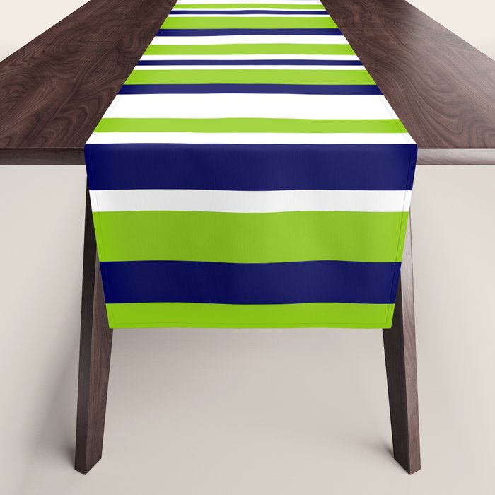 Lime Green Bright Navy Blue and White Vertical Stripes Pattern Table Runner Gallery Image 1