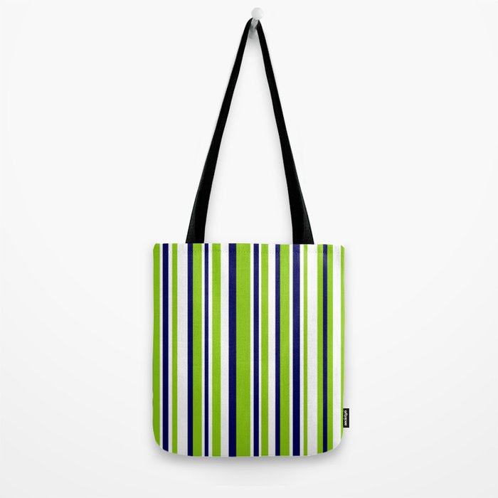 Lime Green Bright Navy Blue and White Vertical Stripes Pattern Tote Bag Gallery Image 2