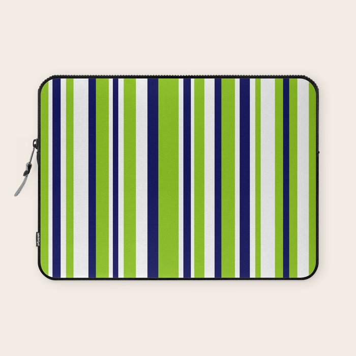Lime Green Bright Navy Blue and White Vertical Stripes Pattern Laptop Sleeve Gallery Image 1