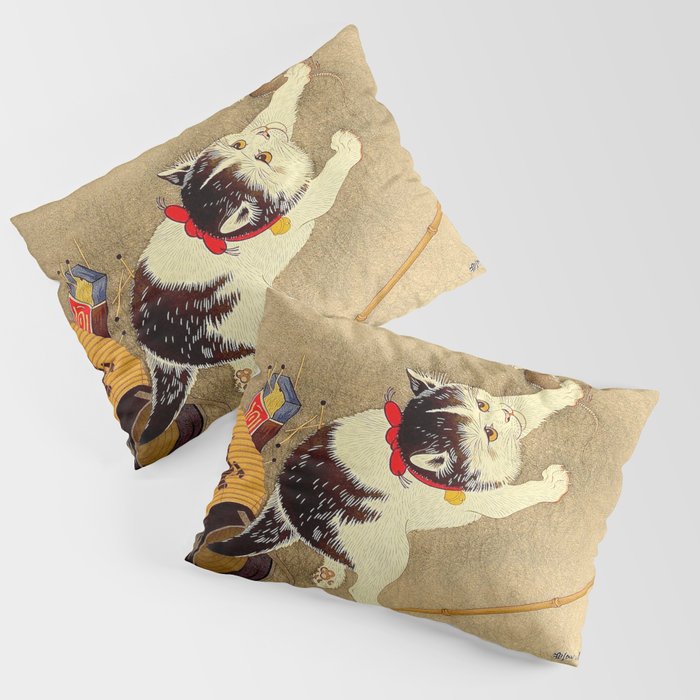 Japanese Woodblock Print Cat Lantern Playful Vintage Art Pillow Sham Gallery Image 3