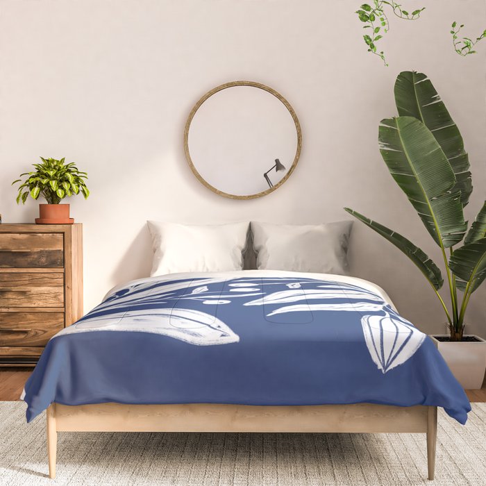 White on dark blue minimalistic modern floral art Comforter Gallery Image 3