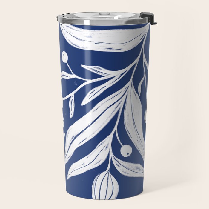 White on dark blue minimalistic modern floral art Travel Mug Gallery Image 2