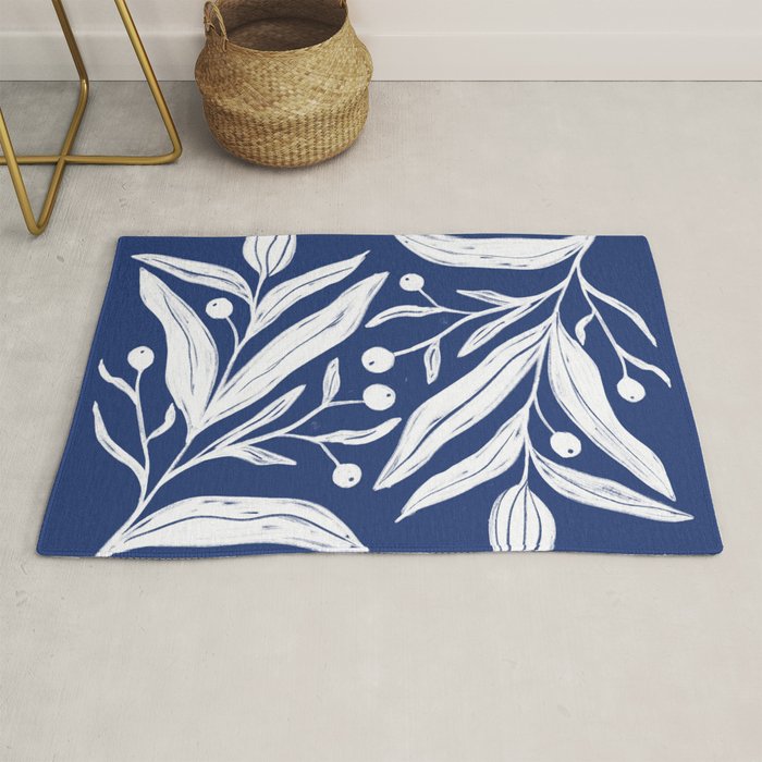 White on dark blue minimalistic modern floral art Rug Gallery Image 1