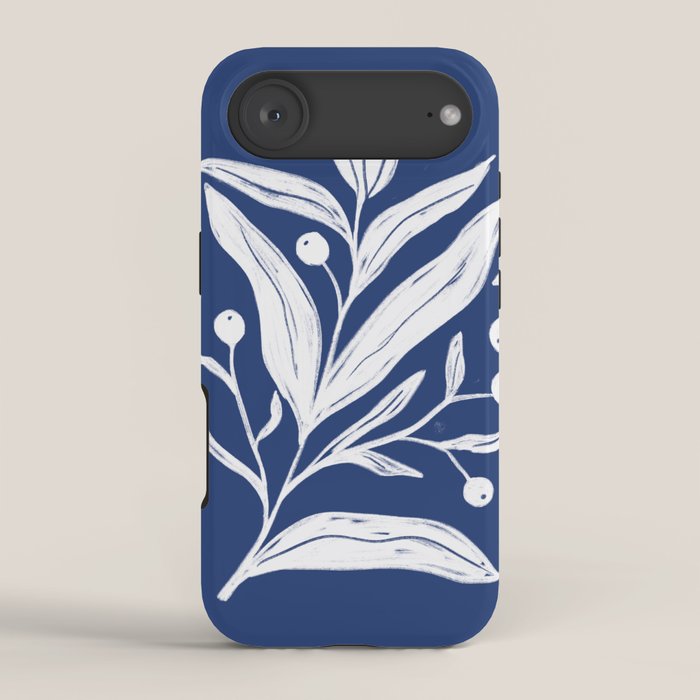 White on dark blue minimalistic modern floral art iPhone Case Gallery Image 2