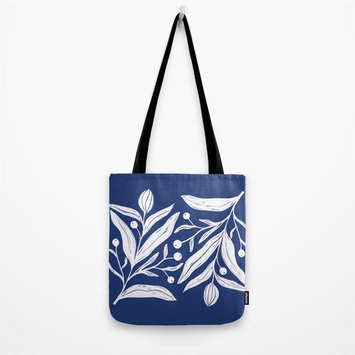 White on dark blue minimalistic modern floral art Tote Bag Gallery Image 2