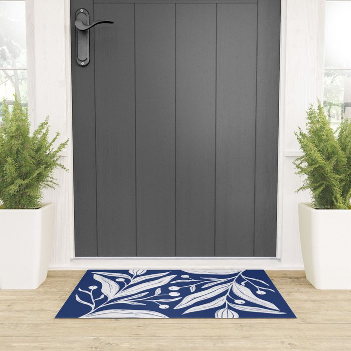 White on dark blue minimalistic modern floral art Welcome Mat Gallery Image 3