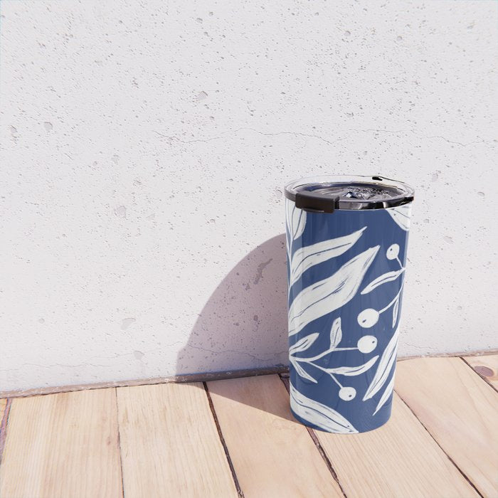 White on dark blue minimalistic modern floral art Travel Mug Gallery Image 4