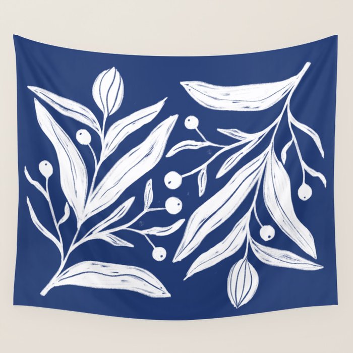 White on dark blue minimalistic modern floral art Wall Tapestry Gallery Image 4