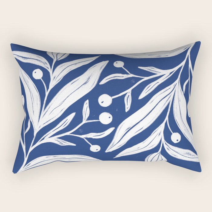 White on dark blue minimalistic modern floral art Rectangular Pillow Gallery Image 2