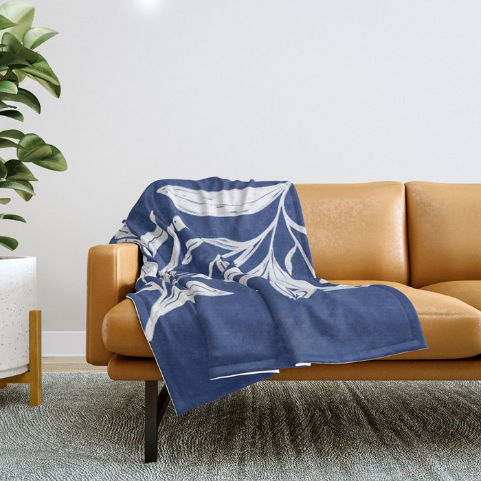 White on dark blue minimalistic modern floral art Throw Blanket Gallery Image 1