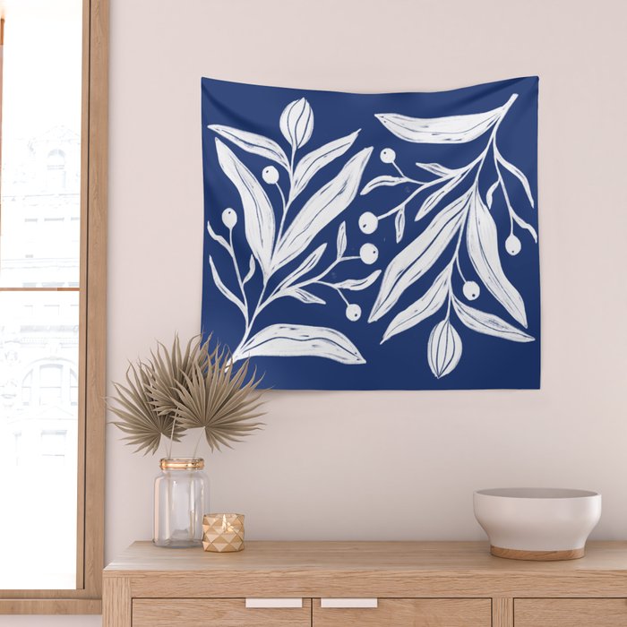 White on dark blue minimalistic modern floral art Wall Tapestry Gallery Image 2