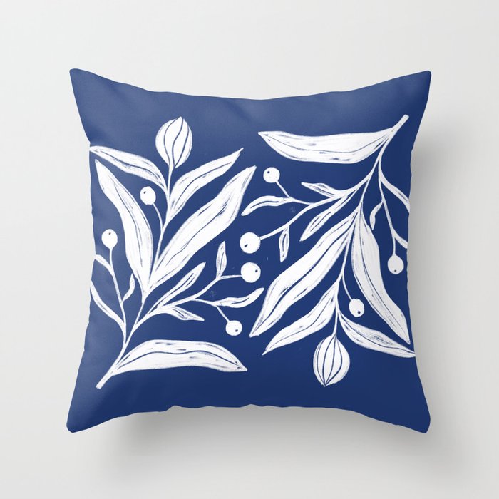 White on dark blue minimalistic modern floral art Throw Pillow Gallery Image 6