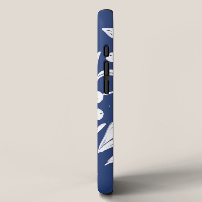 White on dark blue minimalistic modern floral art iPhone Case Gallery Image 2