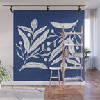 White on dark blue minimalistic modern floral art Wall Mural Gallery Image 1