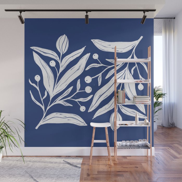 White on dark blue minimalistic modern floral art Wall Mural Gallery Image 1