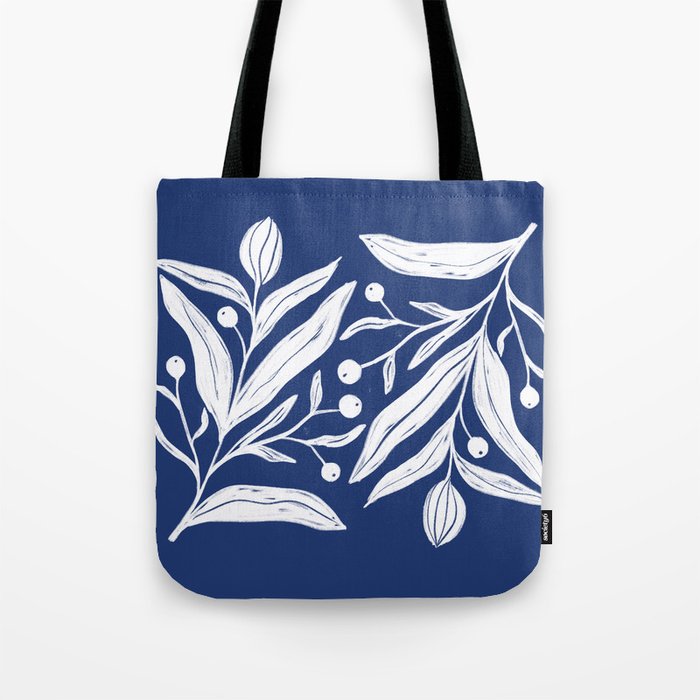 White on dark blue minimalistic modern floral art Tote Bag Gallery Image 1