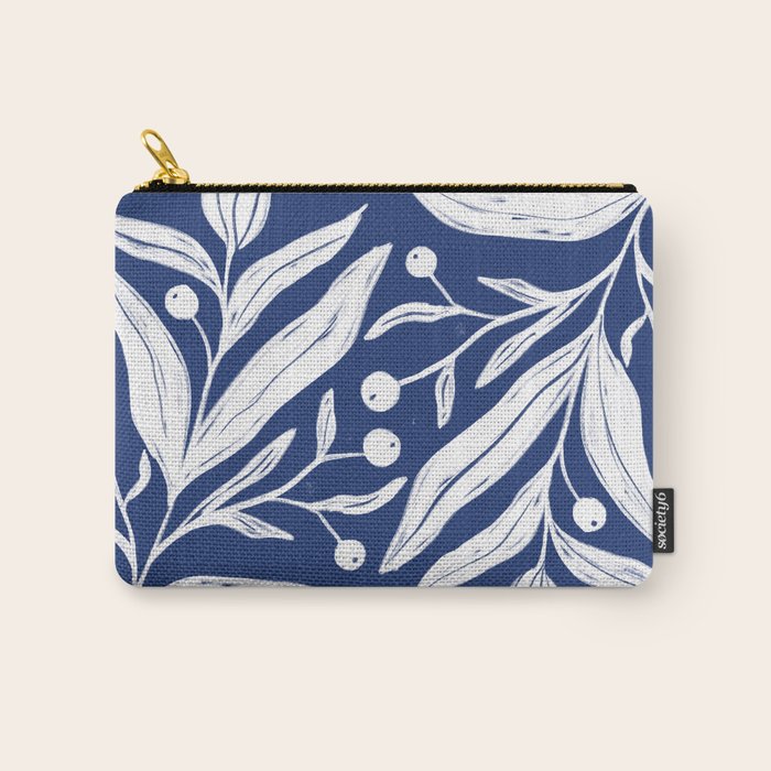 White on dark blue minimalistic modern floral art Carry All Pouch Gallery Image 1