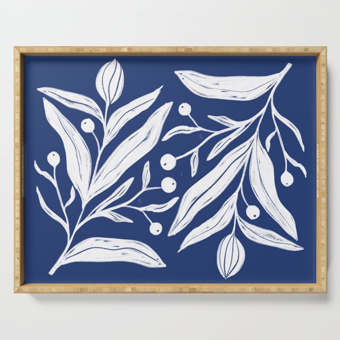 White on dark blue minimalistic modern floral art Serving Tray Gallery Image 1
