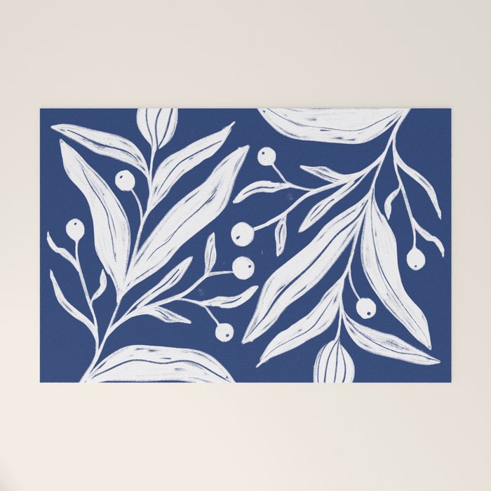 White on dark blue minimalistic modern floral art Welcome Mat Gallery Image 1