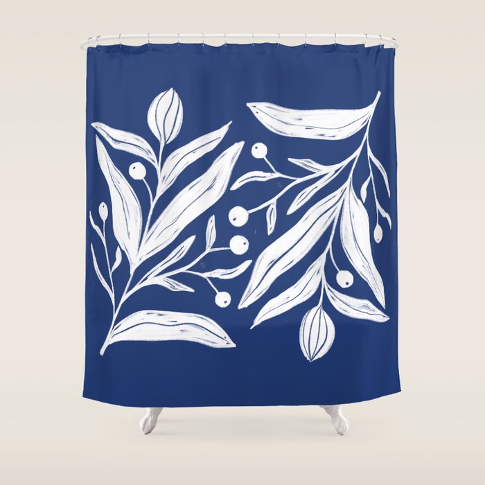 White on dark blue minimalistic modern floral art Shower Curtain Gallery Image 1