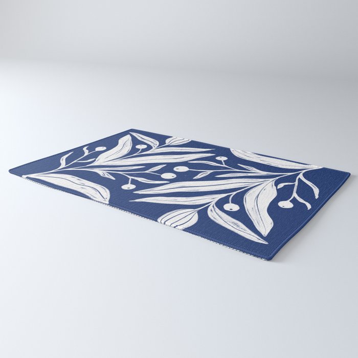 White on dark blue minimalistic modern floral art Rug Gallery Image 3
