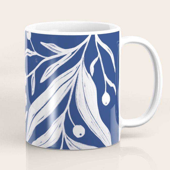 White on dark blue minimalistic modern floral art Coffee Mug Gallery Image 1