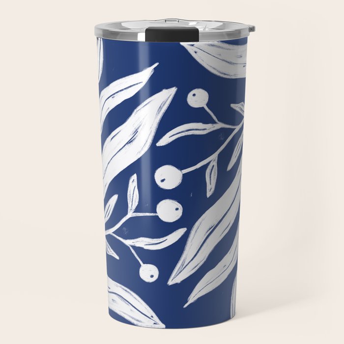 White on dark blue minimalistic modern floral art Travel Mug Gallery Image 1