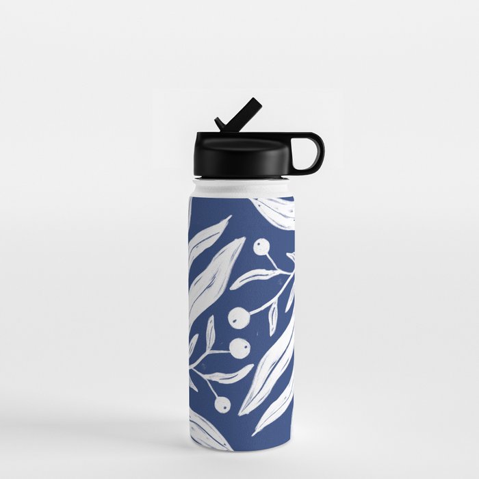 White on dark blue minimalistic modern floral art Water Bottle Gallery Image 1